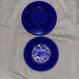 2 Vintage Boyd's Glass small Sweetheart Saucer Hearts and Arrows. Cobalt Blue